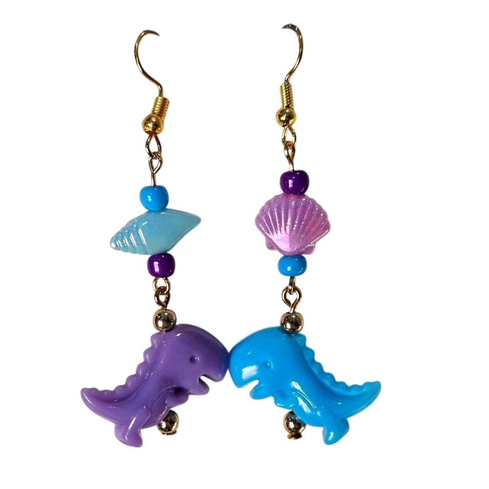Cute Dinosaur Seashell Beaded Dangle Earrings Purple Blue Gold Tone Handmade